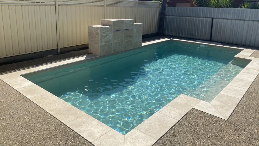 Leisure Pools The Elegance 8.00m Diamond Sand with Cascade Water Feature GV Unique Pools & Landscaping